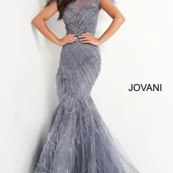 Jovani 04702 Lace Feather Mermaid Formal Pageant Dress Sheer Beaded Prom Gown