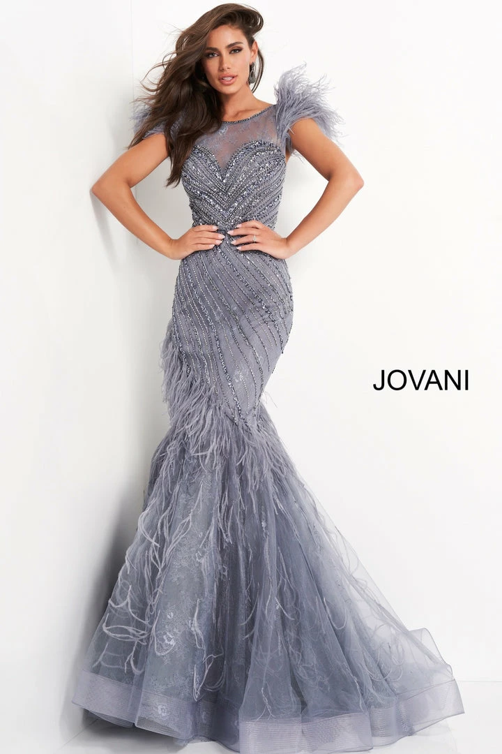 Jovani 04702 Lace Feather Mermaid Formal Pageant Dress Sheer Beaded Prom Gown 3 Jovani 04702 Lace Feather Mermaid Formal Pageant Dress Sheer Beaded Prom Gown