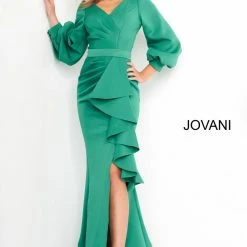 Jovani 04841 Long Sleeve Mother Of The Bride Dress Evening Gown Ruffle V Neckline Slit