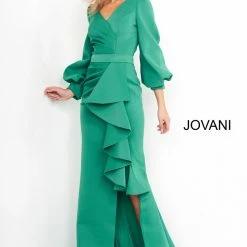 Jovani 04841 Long Sleeve Mother Of The Bride Dress Evening Gown Ruffle V Neckline Slit