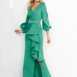 Jovani 04841 Long Sleeve Mother Of The Bride Dress Evening Gown Ruffle V Neckline Slit