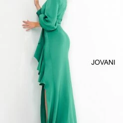 Jovani 04841 Long Sleeve Mother Of The Bride Dress Evening Gown Ruffle V Neckline Slit