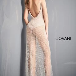 Jumpsuits & Rompers Jovani 04864 Nude Silver Embellished Sheer Prom Dress Bodysuit Evening Gown