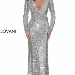 Sequin Dresses Jovani 04886 Long Sleeved Sequin Fitted Evening Gown