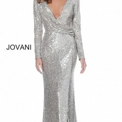 Sequin Dresses Jovani 04886 Long Sleeved Sequin Fitted Evening Gown
