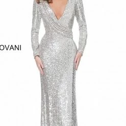 Sequin Dresses Jovani 04886 Long Sleeved Sequin Fitted Evening Gown
