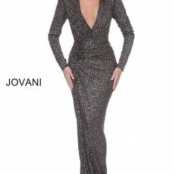 Long Sleeve Dresses Jovani 04260 Long Sleeve V Neckline Bodycon Skirt Evening Gown