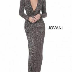 Long Sleeve Dresses Jovani 04260 Long Sleeve V Neckline Bodycon Skirt Evening Gown