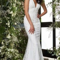 Jovani Bridal 04957 V Neck Beaded Lace Fitted Wedding Dress Embellished Gown