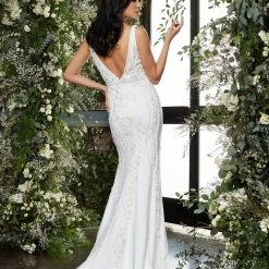 Jovani Bridal 04957 V Neck Beaded Lace Fitted Wedding Dress Embellished Gown