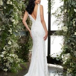 Jovani Bridal 04957 V Neck Beaded Lace Fitted Wedding Dress Embellished Gown
