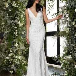 Jovani Bridal 04957 V Neck Beaded Lace Fitted Wedding Dress Embellished Gown