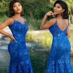 In Stock Envious Couture 1626 Royal Prom Dress Size 4 Sequined Glitter Tulle Mermaid Evening Gown V Neck Mermaid Dresses