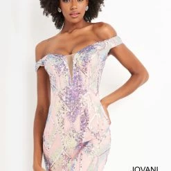 Jovani 05101 Short Sequin Fitted Off The Shoulder Cocktail Dress Homecoming Gown Sequin Dresses