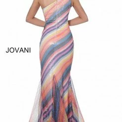 Discontinued Long Sleeve Dresses Jovani 05127 Long Fitted Mermaid Pastel Rainbow Dress One Shoulder Formal Gown