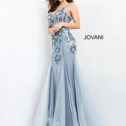 Mermaid Dresses Jovani 05537 3D Floral Appliqued Fit And Flare Prom Dress Evening Gown Sheer Mermaid
