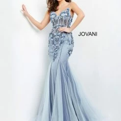 Mermaid Dresses Jovani 05537 3D Floral Appliqued Fit And Flare Prom Dress Evening Gown Sheer Mermaid