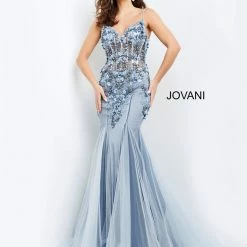 Mermaid Dresses Jovani 05537 3D Floral Appliqued Fit And Flare Prom Dress Evening Gown Sheer Mermaid