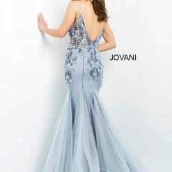 Mermaid Dresses Jovani 05537 3D Floral Appliqued Fit And Flare Prom Dress Evening Gown Sheer Mermaid