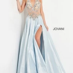 Jovani 05587 Light Blue Illusion Beaded Bodice Prom Dress Pageant Gown Taffeta Train Slit
