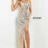 Jovani 05648 Nude Embellished Fitted Prom Dress High Slit Sheer One Shoulder Gown