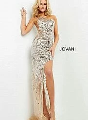 Jovani 05648 Nude Embellished Fitted Prom Dress High Slit Sheer One Shoulder Gown