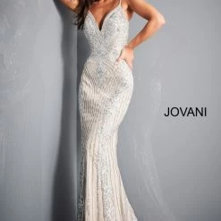 Jovani 05752 Long Embellished Prom Dress Pageant Gown V Neckline Lace Spaghetti Straps