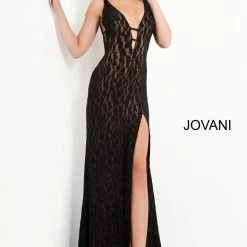 Jovani 06097 Plunging Neck High Slit Lace Prom Dress Backless Evening Gown