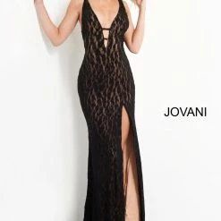 Jovani 06097 Plunging Neck High Slit Lace Prom Dress Backless Evening Gown