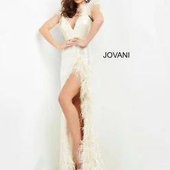 Jovani 06164 Plunging Neckline Feather Details Long Prom Dress Evening Gown Pageant Dress Backless Dresses