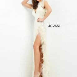 Jovani 06164 Plunging Neckline Feather Details Long Prom Dress Evening Gown Pageant Dress Backless Dresses