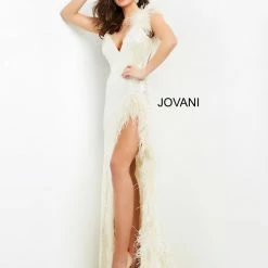 Jovani 06164 Plunging Neckline Feather Details Long Prom Dress Evening Gown Pageant Dress Backless Dresses