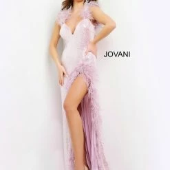 Jovani 06164 Plunging Neckline Feather Details Long Prom Dress Evening Gown Pageant Dress Backless Dresses