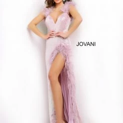 Jovani 06164 Plunging Neckline Feather Details Long Prom Dress Evening Gown Pageant Dress Backless Dresses