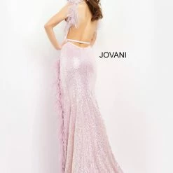 Jovani 06164 Plunging Neckline Feather Details Long Prom Dress Evening Gown Pageant Dress Backless Dresses