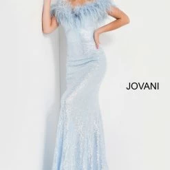 In Stock Jovani 06166 Size 12 Blue Long Fitted Sequin Formal Dress Feather Off The Shoulder Mermaid Mermaid Dresses