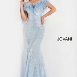 In Stock Jovani 06166 Size 12 Blue Long Fitted Sequin Formal Dress Feather Off The Shoulder Mermaid Mermaid Dresses