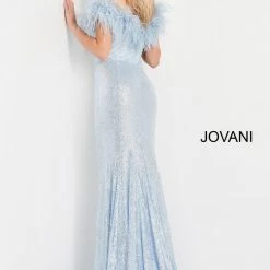 In Stock Jovani 06166 Size 12 Blue Long Fitted Sequin Formal Dress Feather Off The Shoulder Mermaid Mermaid Dresses