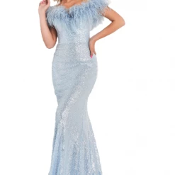 In Stock Jovani 06166 Size 12 Blue Long Fitted Sequin Formal Dress Feather Off The Shoulder Mermaid Mermaid Dresses