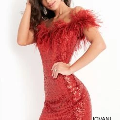 Sequin Dresses Jovani 06167 Fitted Off The Shoulder Feather Sequin Cocktail Dress Formal Short Gown