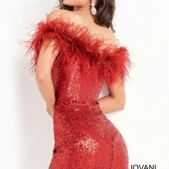 In Stock Jovani 06167 Size 14 Fitted Off The Shoulder Feather Sequin Cocktail Dress Formal Short Gown