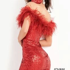 In Stock Jovani 06167 Size 14 Fitted Off The Shoulder Feather Sequin Cocktail Dress Formal Short Gown