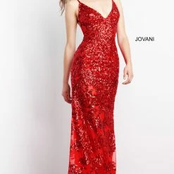 Jovani 06203 Red Low Back Embellished Prom Dress V Neckline Fitted Sweeping Train