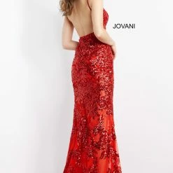 Jovani 06203 Red Low Back Embellished Prom Dress V Neckline Fitted Sweeping Train