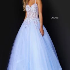 Jovani 06207 Lilac Prom Dress Ballgown V Neckline Sheer Floral Corset Bodice And Tulle Skirt