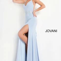 Jovani 06209 Long Embellished Jersey High Slit Prom Dress Backless V Neckline Evening Gown