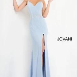Jovani 06209 Long Embellished Jersey High Slit Prom Dress Backless V Neckline Evening Gown