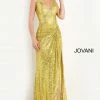 Jovani 06271 Long V Neck Sequin Prom Dress Yellow Slit Pageant Gown Formal