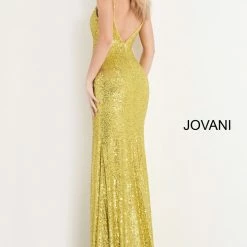 Jovani 06271 Long V Neck Sequin Prom Dress Yellow Slit Pageant Gown Formal