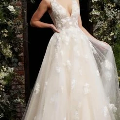 Ballgown Dresses Jovani Bridal 06286 Long A Line Sheer Embellished Formal Dress Lace V Neck Ball Gown